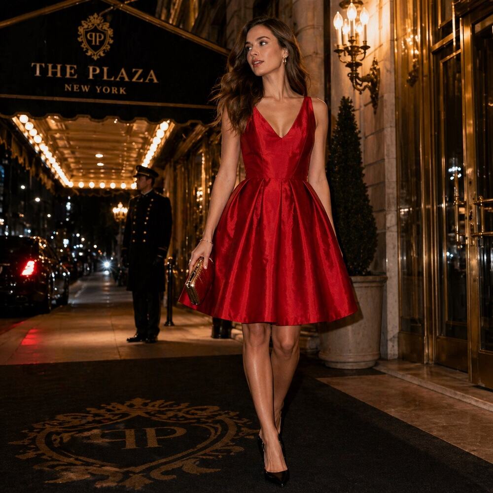 Z Spoke by Zac Posen Red Fit & Flare Dress Size 8 Satin V Neck Designer Cocktail - Picture 1 of 13
